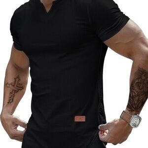 Men’s Waffle Henley Shirt – Knit Muscle Fit Short Sleeve V-Neck Tee  Black NWT